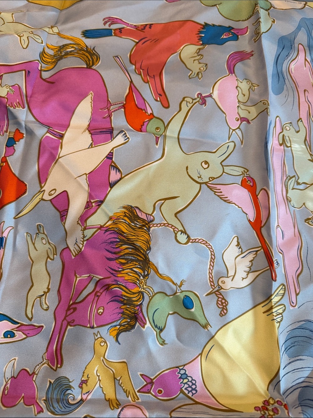 Hermes Multicolor Carousel Silk Scarf — Pastel Blue, Pink, Yellow, Gold Accents - Picture 6 of 13